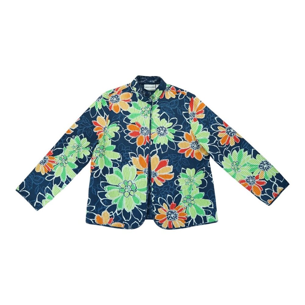 ALFRED DUNNER Quilted Navy Floral Open Jacket SIZE 14P Petites